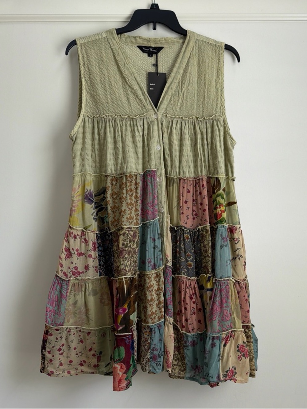 Vintage-Inspired Patchwork Sleeveless Tunic Vest - Sage Green